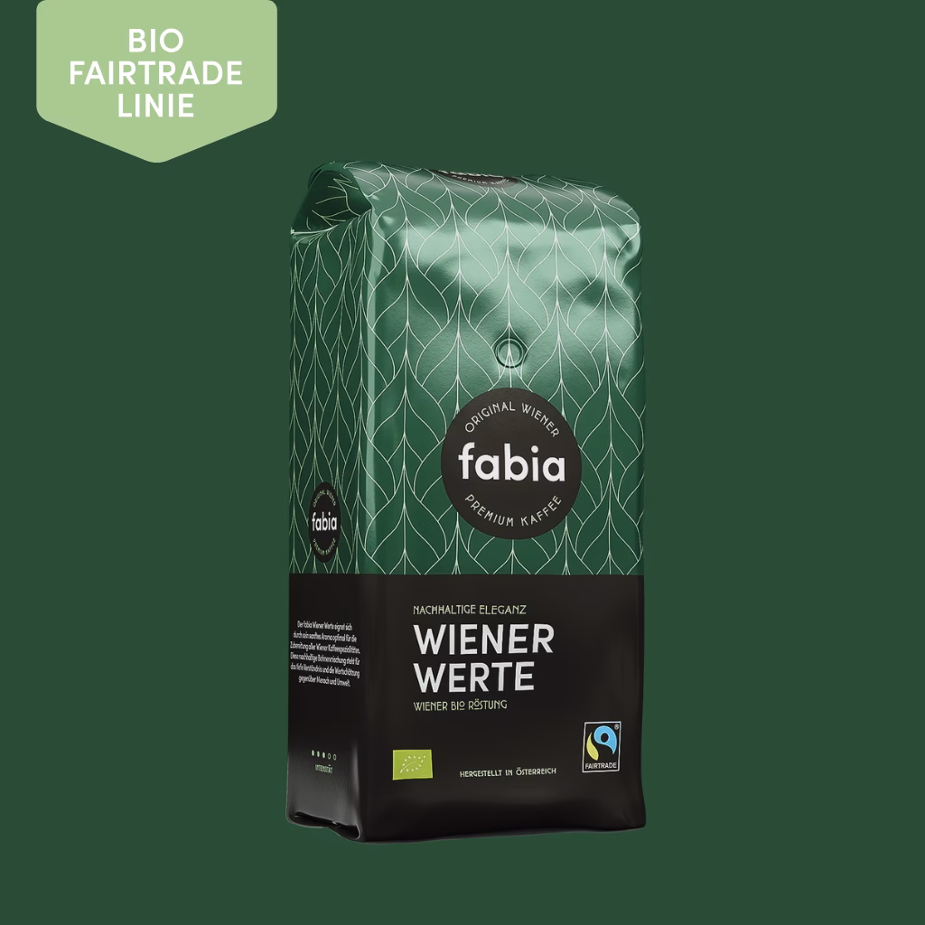 Grafik: nachhaltiger fabia Wiener Werte mit Produktbild vor grünem Hintergrund